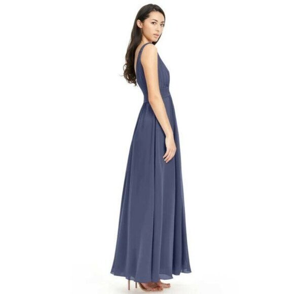 Azazie Stormy A-Line Pleated Chiffon Dress Gown Blue Custom Size See Measurement - Picture 3 of 12